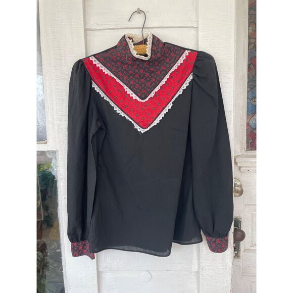 Vintage 1970s High Collar Prairie Blouse Black Red Size Small - Picture 1 of 12